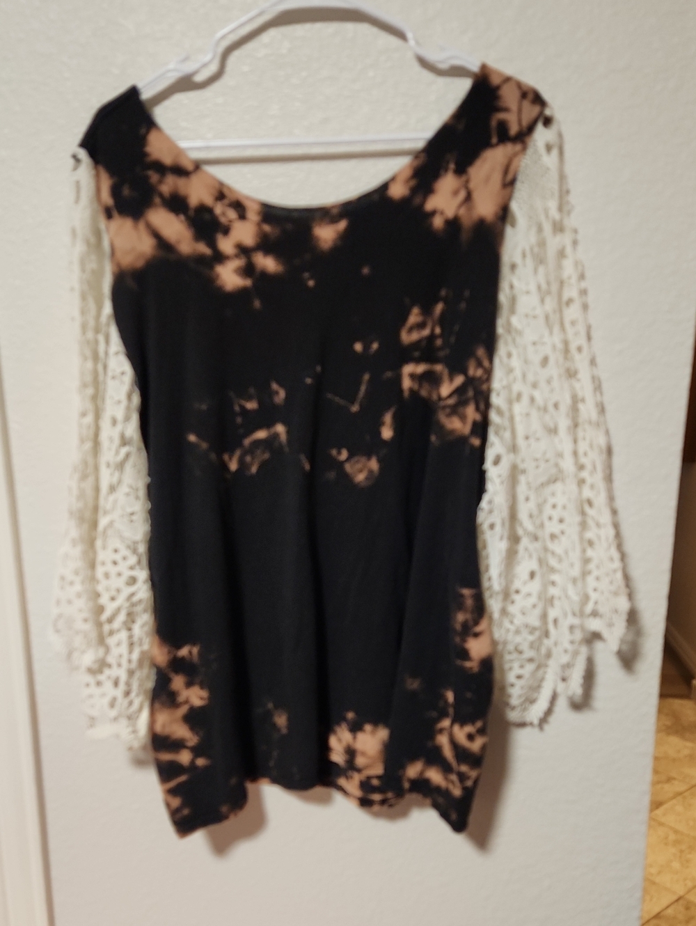 224.Upcycled AC/DC Crochet Tie-Dye Off-Shoulder Band Tee Oversized Tunic - Picture 4 of 4